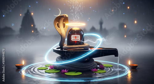 Shivling maha shivaratri sacred rain abhishek snake worship with glowing diya spiritual devotion hindu festival meditation culture background