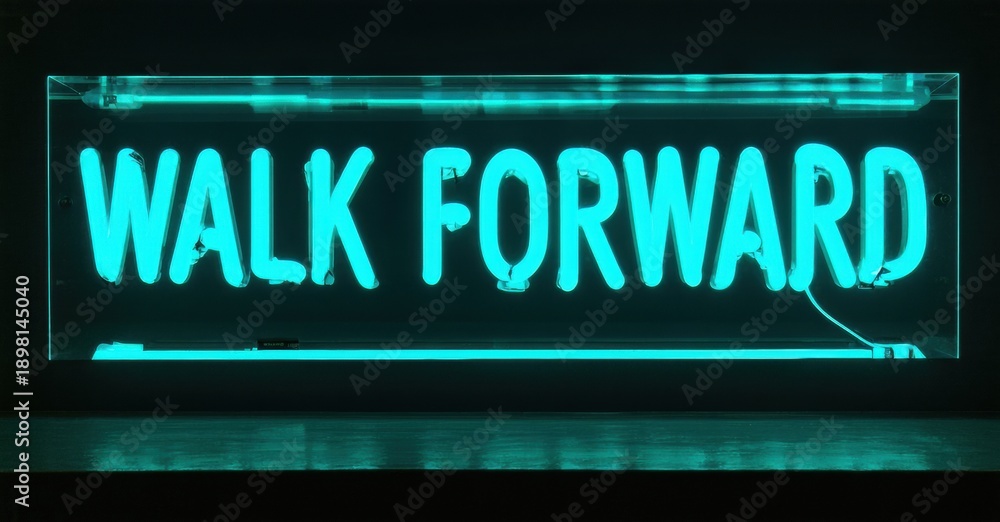 Fototapeta premium Bright neon sign displays Walk Forward. Turquoise glow contrasts dark background. Simple message, motivational vibe.