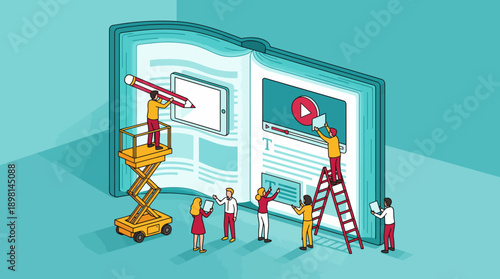 Collaborative Team Creating Digital Content: Editing, Writing, and Video Production for E-Book or Online Publishing Platform