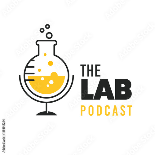 Laboratory flask and microphone logo. Science lab podcast smart concept design.