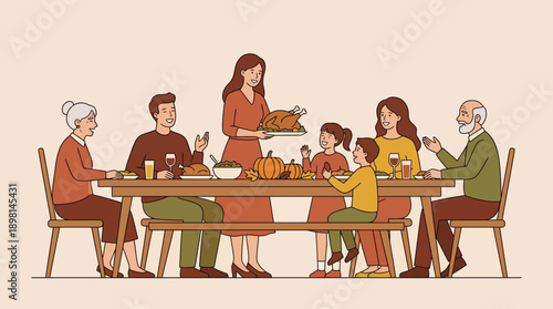 Happy Multi-Generational Family Gathering for Thanksgiving Dinner. Autumn Holiday Meal with Turkey, Parents, Grandparents, and Children Illustration.