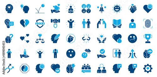 Emotional Intelligence icon set. Containing compassion, mindfulness, expression, motivation, optimism, forgiveness, kindness, patience icon. Dual Tone style