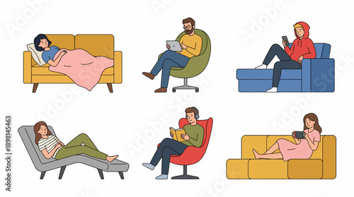 Vector Illustration Set of People Relaxing at Home. Diverse Activities: Sleeping, Reading, Using Tablet, Smartphone, and Gaming on Furniture.