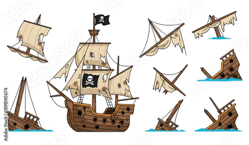 Sunken pirate shipwreck cartoon vector set with broken sail boats isolated on white background