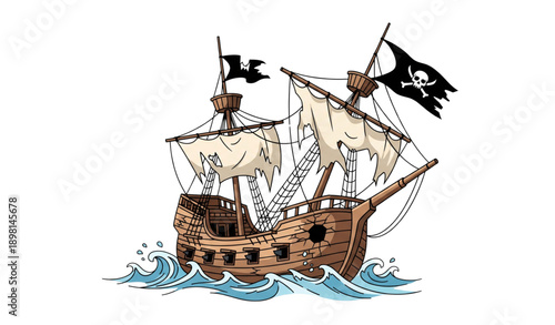Cartoon pirate shipwreck vector illustration of abandoned broken galleon isolated on white background