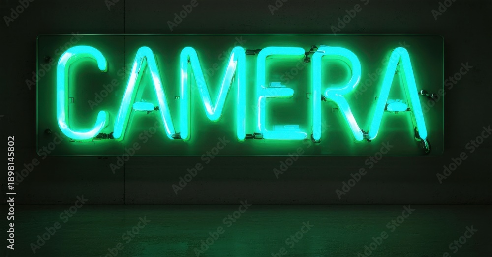 Obraz premium Bright green neon sign spells CAMERA against dark wall. Simple rectangular backdrop enhances glowing letters. Minimalist aesthetic.