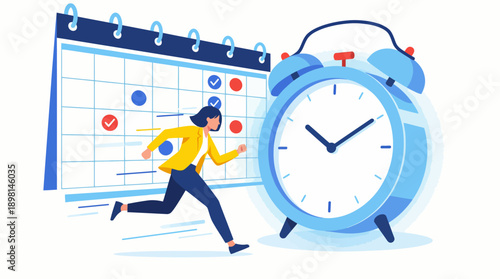 Businesswoman Running Against the Clock: Deadline Urgency, Time Management, and Schedule Planning Illustration