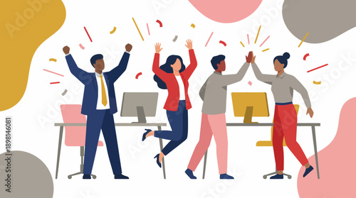 Diverse Business Team Celebrating Success and Achievement in Office. Flat Vector Illustration of Winning Teamwork and High-Five.