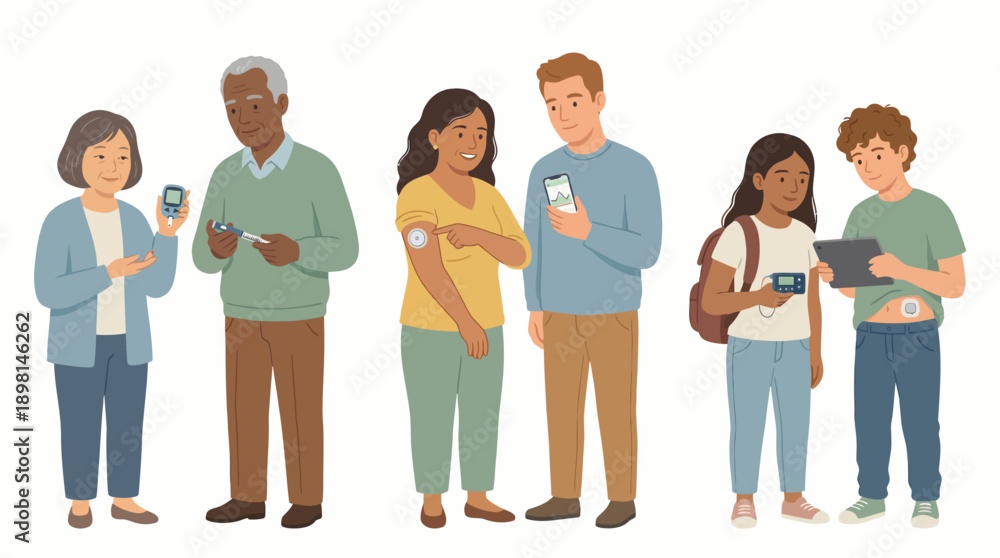 Fototapeta premium Diverse Group Managing Diabetes: Illustration of People Using CGM, Insulin Pumps, Glucometers, and Insulin Pens for Blood Sugar Monitoring.