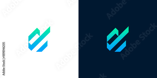 Modern abstract geometric logo design with gradient colors on white and dark backgrounds