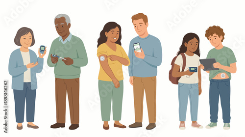 Diverse Group Managing Diabetes: Illustration of People Using CGM, Insulin Pumps, Glucometers, and Insulin Pens for Blood Sugar Monitoring.