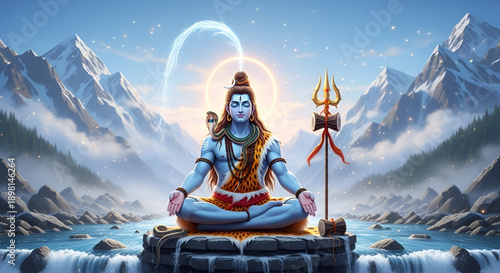 Shiva meditating in Himalaya with trident and river aura divine spiritual power for Maha Shivaratri worship meditation culture faith festival background