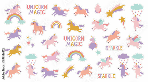Cute Cartoon Unicorn Sticker Set with Rainbows, Hearts, and Sparkle. Magical Fantasy Vector Collection for Kids.