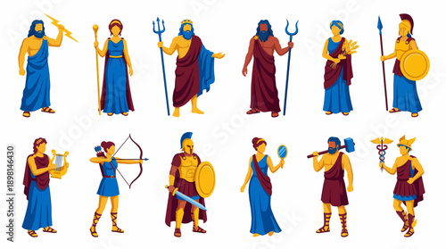 Greek Mythology Olympian Gods and Goddesses Vector Set. Major Deities Collection: Zeus, Poseidon, Athena, Apollo, Ares, Hermes. Flat Ancient Greece Icons.