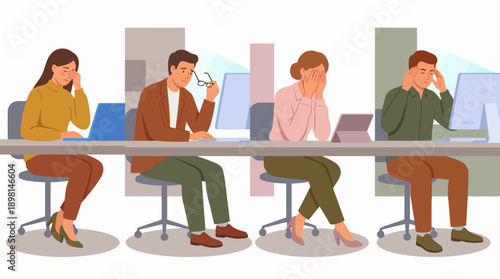 Group of Exhausted Employees Suffering from Office Burnout, Stress, Headache, and Eye Strain at Desks