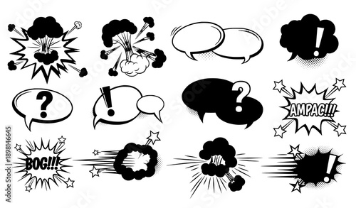 Retro comic dialogue and explosion speech bubbles cartoon vector set isolated on white background