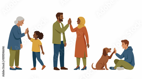 Diverse Group High-Fiving: Multi-Generational People, Muslim Woman, Child, and Dog Celebrating Connection and Community. Isolated Vector Illustration.