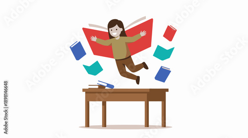 Happy student flying out of an open book above a desk. Vector illustration symbolizing the joy, freedom, and power of reading and knowledge acquisition.