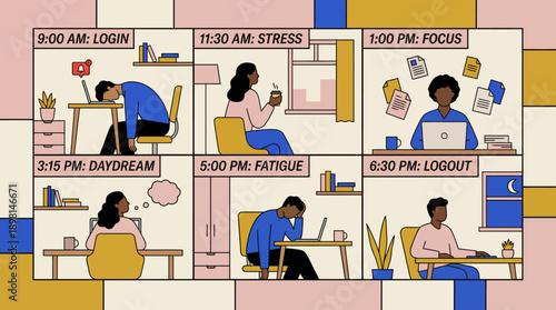 The Daily Workday Routine: A graphic illustration grid showing the emotional timeline of remote work, stress, focus, fatigue, and login/logout times.