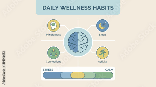 Essential Daily Wellness Habits: Infographic of Mental Health Pillars (Sleep, Mindfulness, Activity, Connections) and Stress Management.