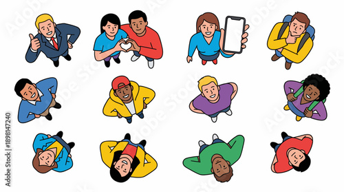 Diverse People Looking Up (Top View). Seamless Collection of Multi-Ethnic Male and Female Characters. Vector Illustration for Audience or Community Concept.