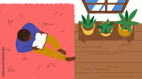 Cozy home reading: Top-down illustration of a person relaxing on a rug with a book, surrounded by houseplants and warm light.