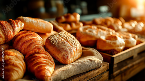 bread in a bakery display with croissants bread