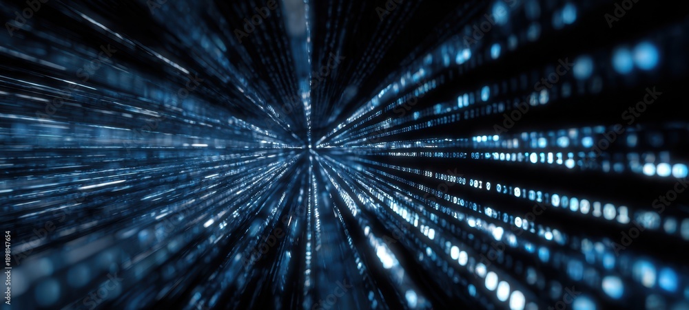 Fototapeta premium The Data Tunnel of Blurred Binary Lights Conveying Speed and Digital Connectivity