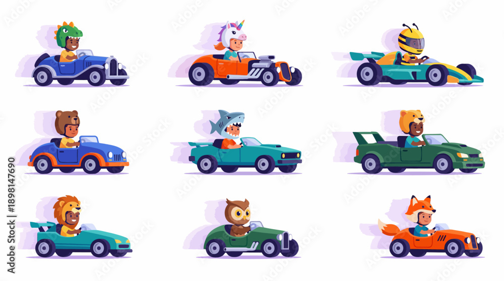 Fototapeta premium Cartoon Kids Race Cars Set: Cute Diverse Drivers in Animal Helmets (Dinosaur, Unicorn, Shark, Fox) Driving Fast Vehicles, Vector Illustration Bundle