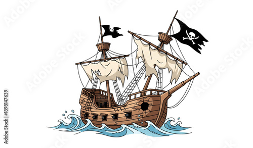 Cartoon pirate shipwreck vector illustration of abandoned broken galleon isolated on white background