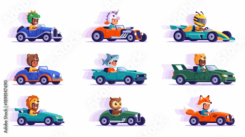 Cartoon Kids Race Cars Set: Cute Diverse Drivers in Animal Helmets (Dinosaur, Unicorn, Shark, Fox) Driving Fast Vehicles, Vector Illustration Bundle