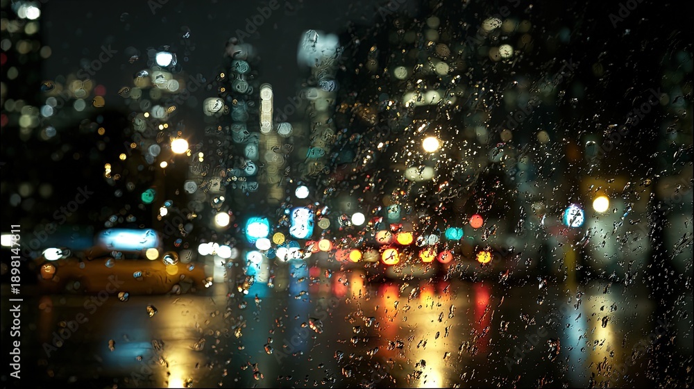 Fototapeta premium Rainy Night Cityscape Through Wet Window