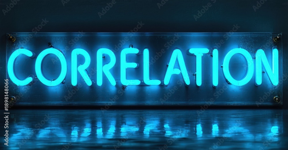 Fototapeta premium Bright blue neon sign displays correlation. Reflective surface creates mirrored image. Dark background emphasizes glowing text.