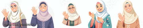 Vector of a grandmother wearing Muslim clothing greeting "say hello." Ramadan theme. Vector, minimalist, illustration, icon set.
