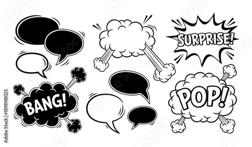 Hand drawn comic speech bubbles and surprise text clouds vector illustration isolated on white background