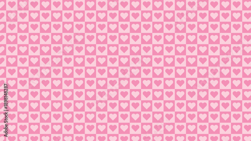 Pink checkered pattern with alternating light and dark pink squares, each containing a heart shape, creating a sweet and romantic background.