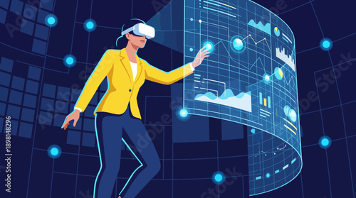 Virtual Reality Data Analysis: Businesswoman in VR Headset Interacting with Futuristic Digital Graphs and Big Data Visualization in the Metaverse.