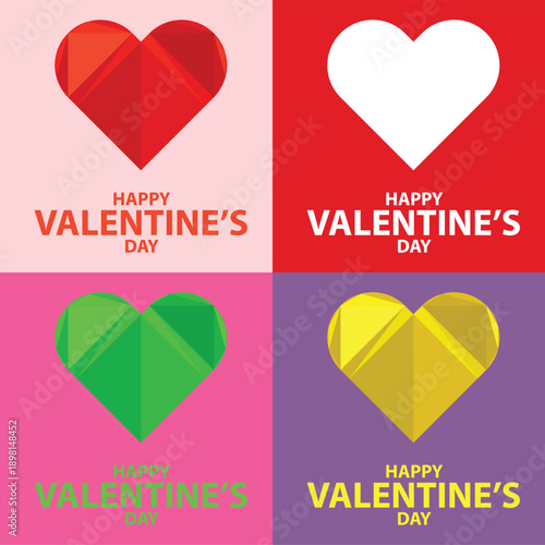 Four colorful geometric and solid hearts with "Happy Valentine's Day" text on different colored backgrounds, celebrating love.