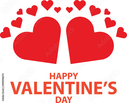 A vibrant illustration for Valentine's Day featuring two large red hearts surrounded by an arc of smaller hearts, with the text 'Happy Valentine's Day' below.