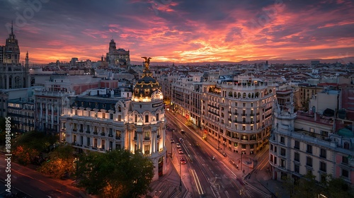 Madrid city skyline at sunset with Gran Via street and historic buildings