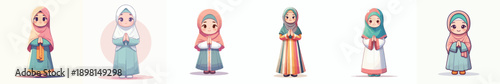 Vector of a little girl wearing Muslim clothing giving a respectful greeting in a polite pose. Ramadan theme. Vector, minimalist, illustration, icon set.