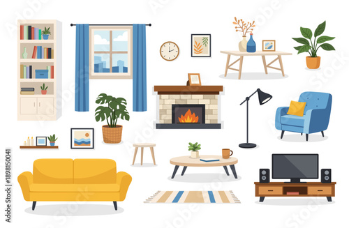 Flat vector living room interior elements set with modern furniture, decor, plants and accessories. Cozy home illustration pack for interior design, web, app, UI and print projects.