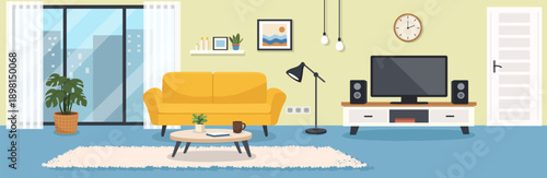 Flat vector illustration of a modern living room interior with sofa, TV, coffee table, plants and decor. Cozy home apartment scene for web design, UI, apps and presentations.