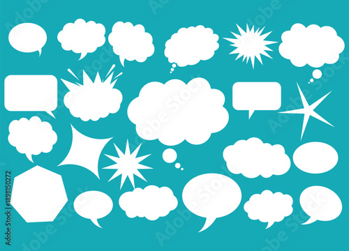 Collection of diverse white speech bubbles and thought clouds on a vibrant blue background, representing communication, ideas, and conversation in various styles vector illustration