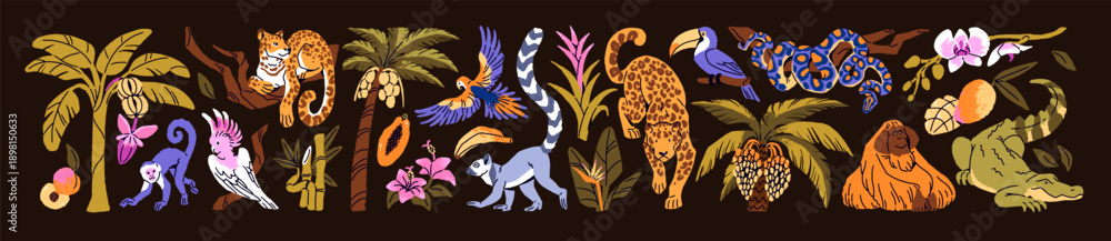 Fototapeta premium Exotic nature of the jungle set. Flora and fauna of the rainforest. Different palm trees, animals, parrots, blooming flowers and fruits of the tropical forest. Flat isolated vector illustrations
