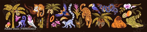 Exotic nature of the jungle set. Flora and fauna of the rainforest. Different palm trees, animals, parrots, blooming flowers and fruits of the tropical forest. Flat isolated vector illustrations