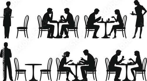Cafe restaurant dining silhouettes set, waiter serving couples eating drinking talking at tables romantic dinner meeting scene vector