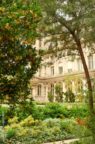 Quadro su tela Jardin des Femmes Extraterrestres in Paris, France, with Arbutus unedo fruits ag