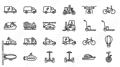 Collection of Various Vehicle Icons Outlined.