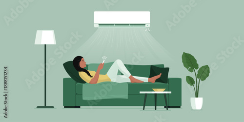 Woman relaxing on the couch at home and AC split system